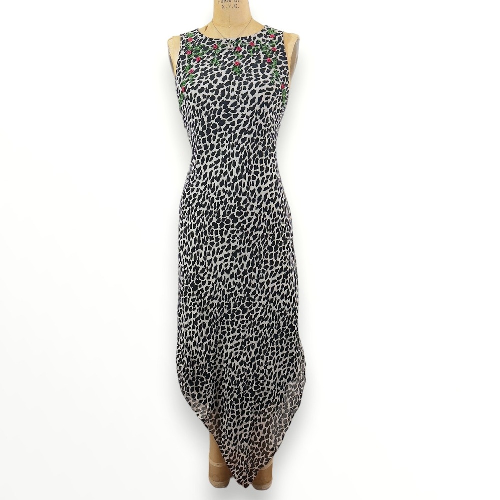 90s Jessica Howard Beaded Leopard Maxi Dress Silk Bias Handkerchief Hem Size M L